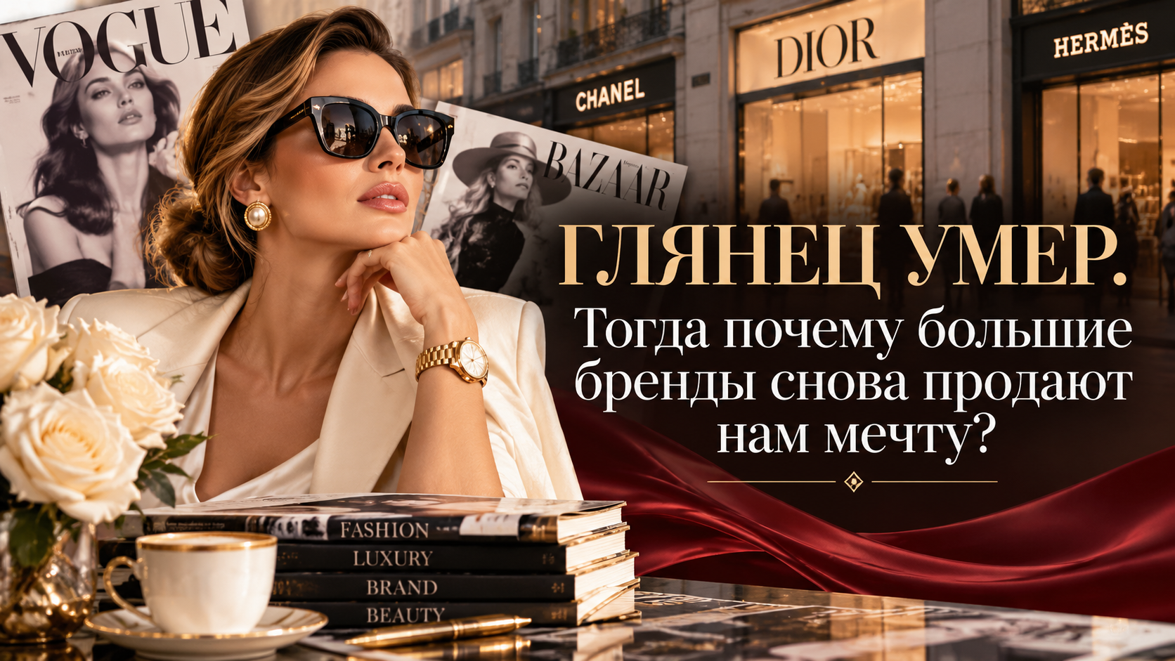 Женщина в очках на фоне витрин модных брендов и глянцевых журналов