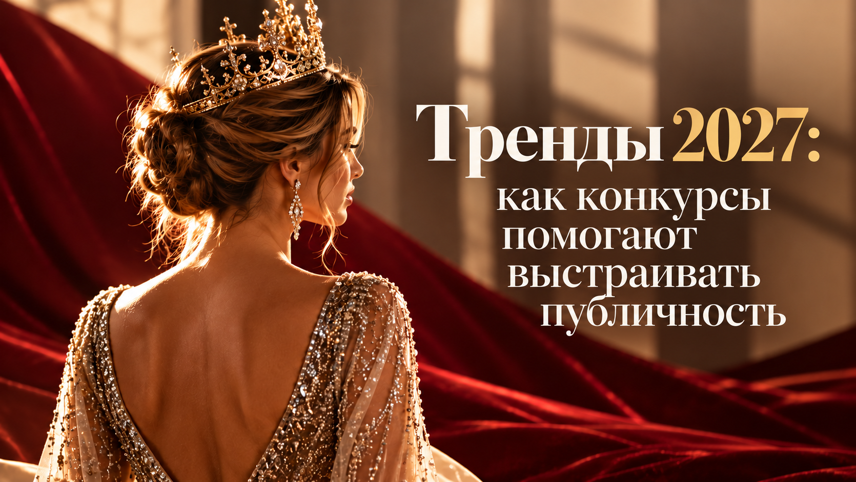 Женщина в короне на фоне красной драпировки